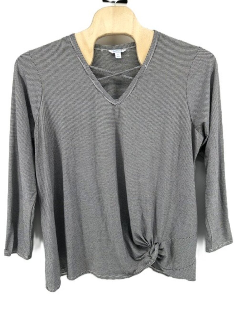 Boutique Plus 3X Tunic Top Front Twist Criss Cross V Neck Black White Stripe